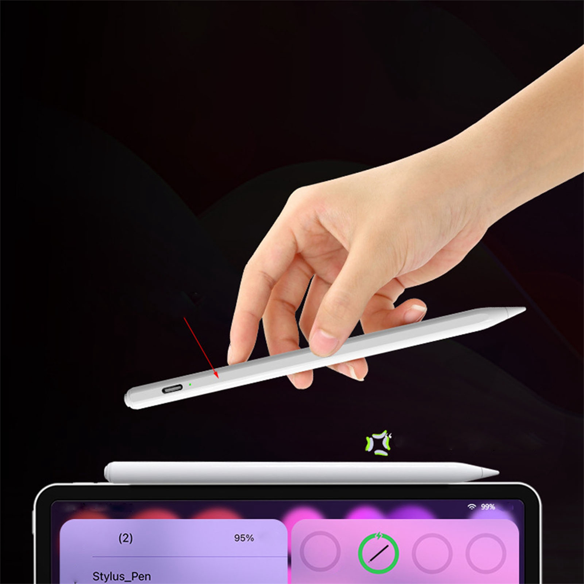 Eine Hand hält einen weißen Stift über einem Tablet-Bildschirm. Der Bildschirm zeigt eine App.