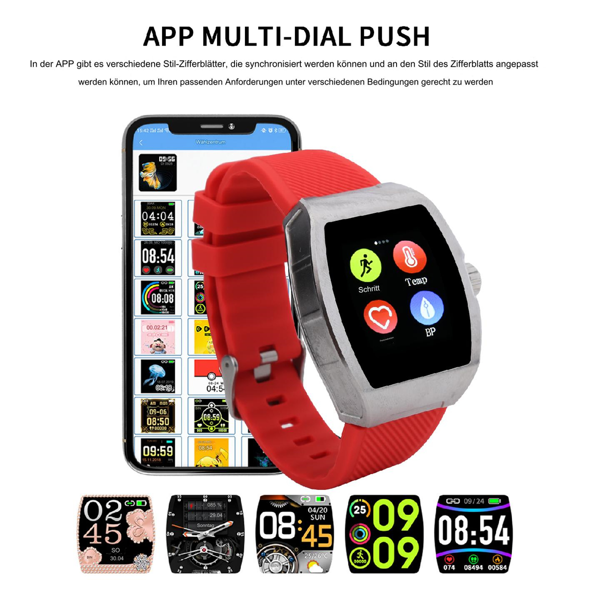 Smartwatch mit rotem Armband, zeigt verschiedene Zifferblätter auf dem Bildschirm.