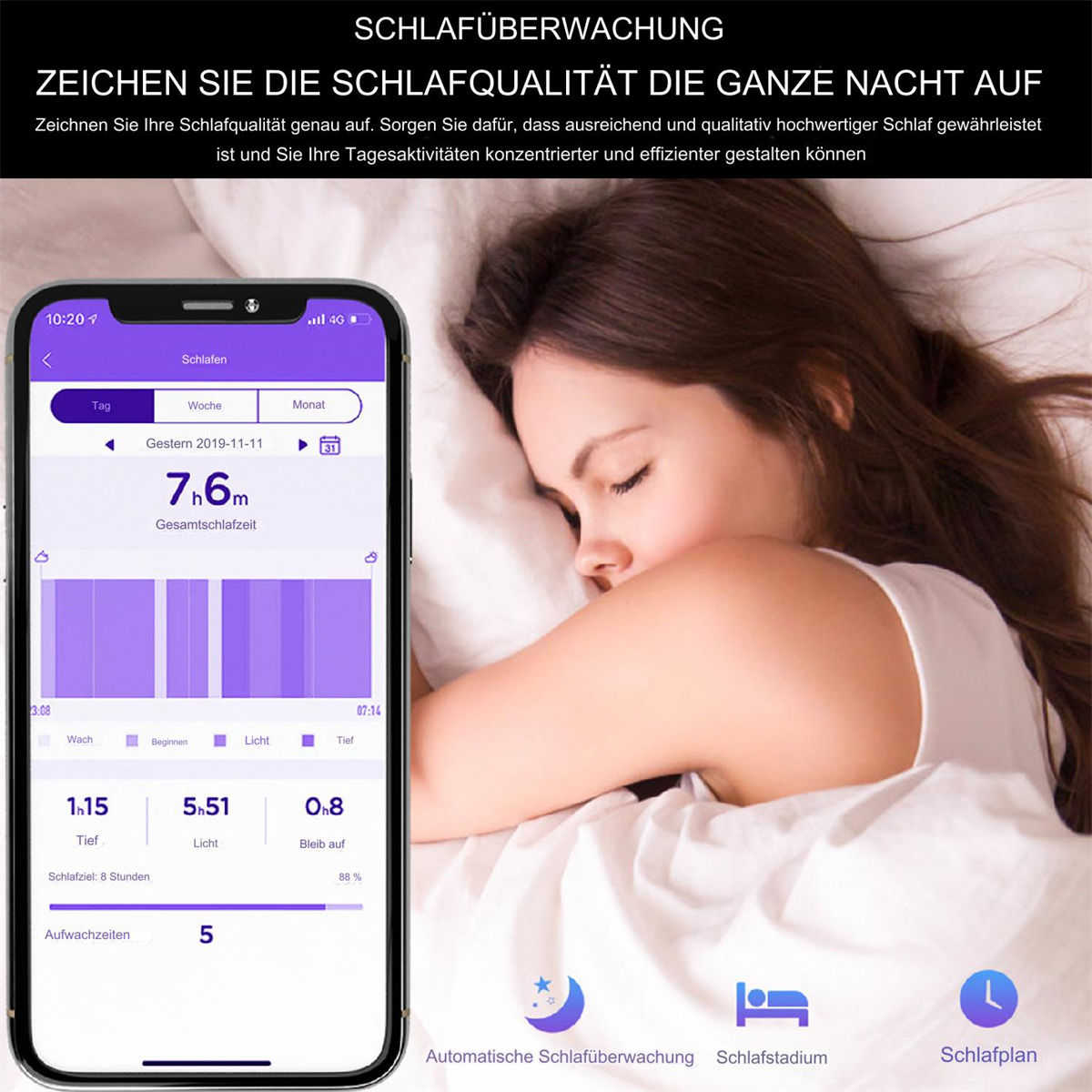 Eine schlafende Frau, mit dem Telefonbildschirm, der Schlafdaten anzeigt. Grafiken auf dem Bildschirm, mit Text über Schlaf.