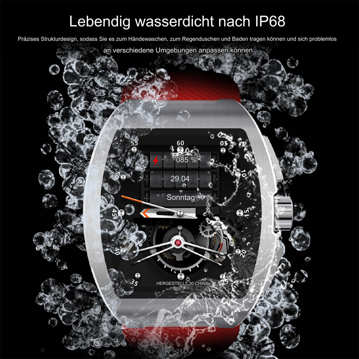Silberne Uhr mit rotem Armband. Der Bildschirm zeigt Zahlen und Grafiken. Blasen umgeben die Uhr.