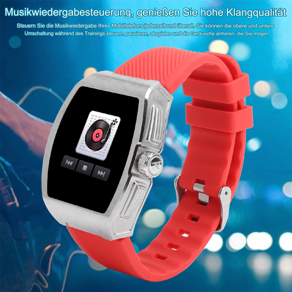 Eine Smartwatch mit rotem Armband und digitalem Bildschirm, der eine Musikplayer-Oberfläche anzeigt.