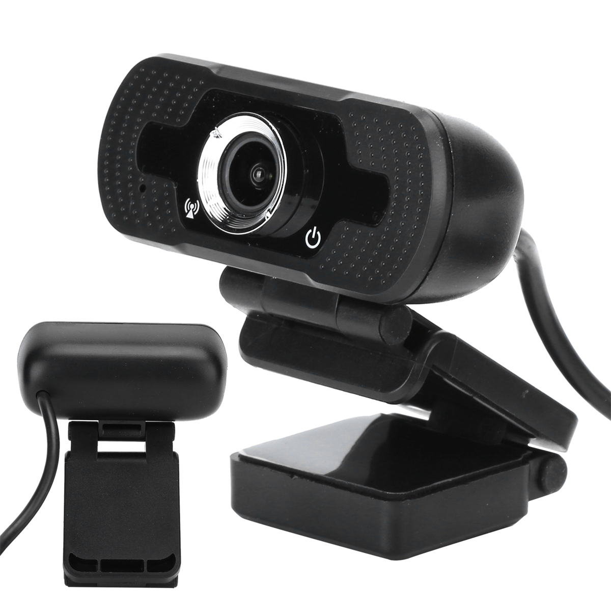 Schwarze Webcam mit eingebautem Mikrofon und Halterung. Isoliert auf weißem Hintergrund.