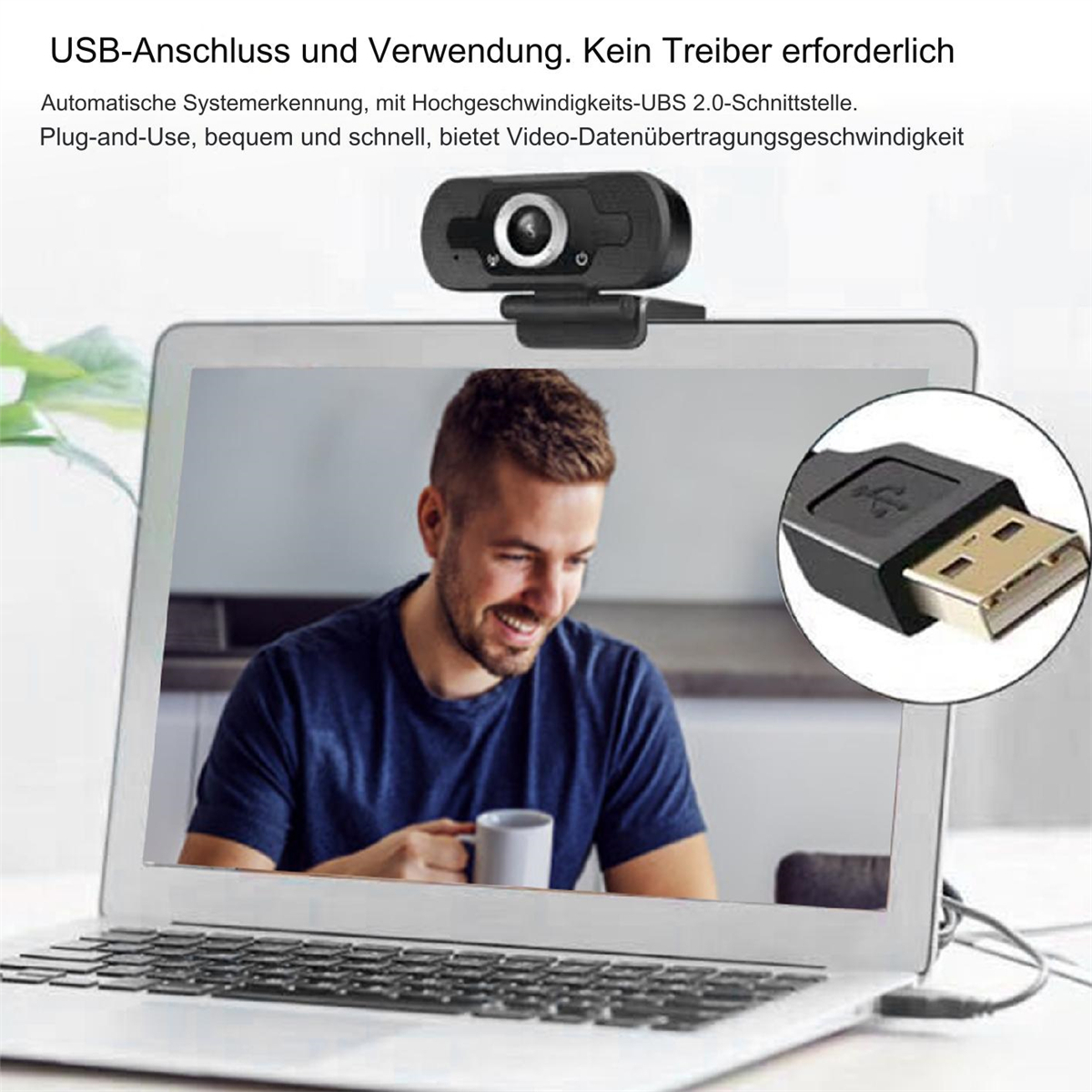 Eine Webcam auf einem Laptop mit einem lächelnden Mann. Ein USB-Kabel ist eingesteckt. Der Hintergrund ist weiß.