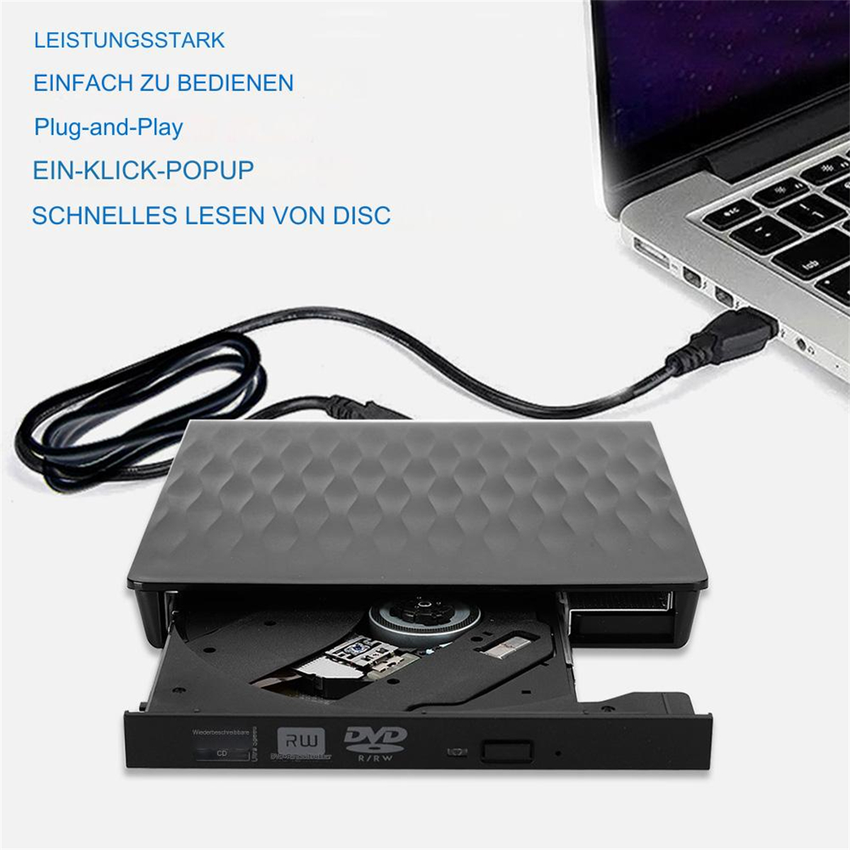 Schwarzes DVD-Laufwerk, über USB mit einem Laptop verbunden. Enthält Text über die Leistung und ein teilweise offenes Fach.