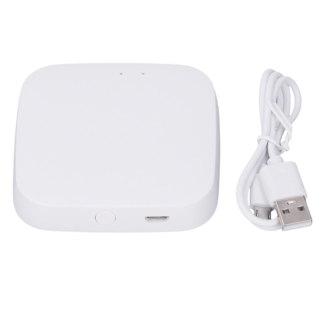 Ein weißes quadratisches Gerät mit zwei kleinen Lichtern und einem angeschlossenen USB-Kabel. Das Gerät hat eine Taste.