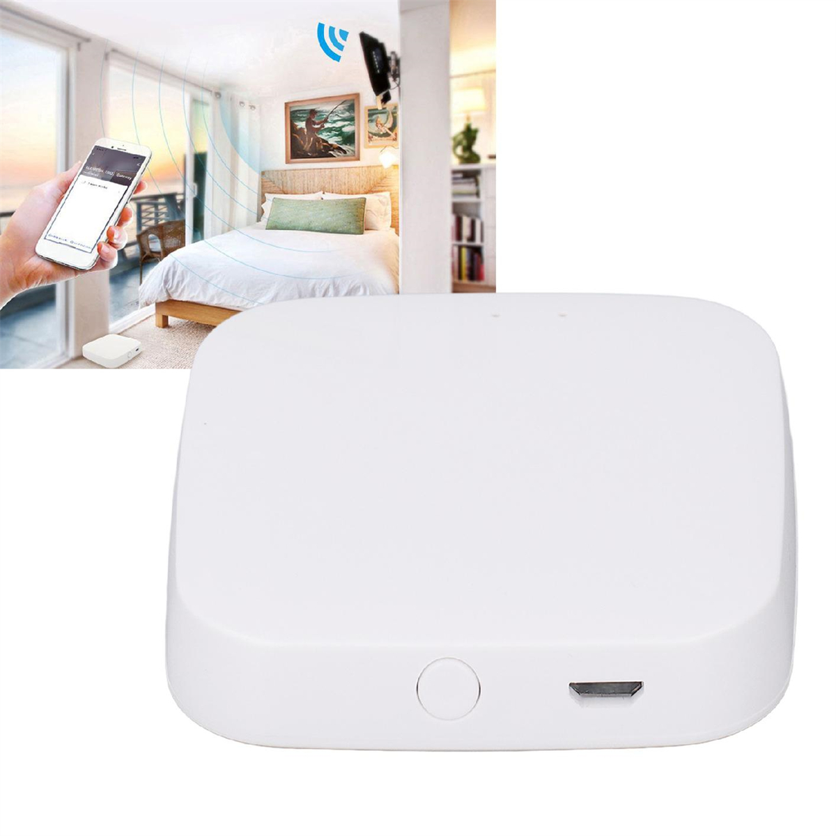 Ein weißer Smart-Home-Hub, mit einem Smartphone, das eine App zeigt und einem Schlafzimmer im Hintergrund.