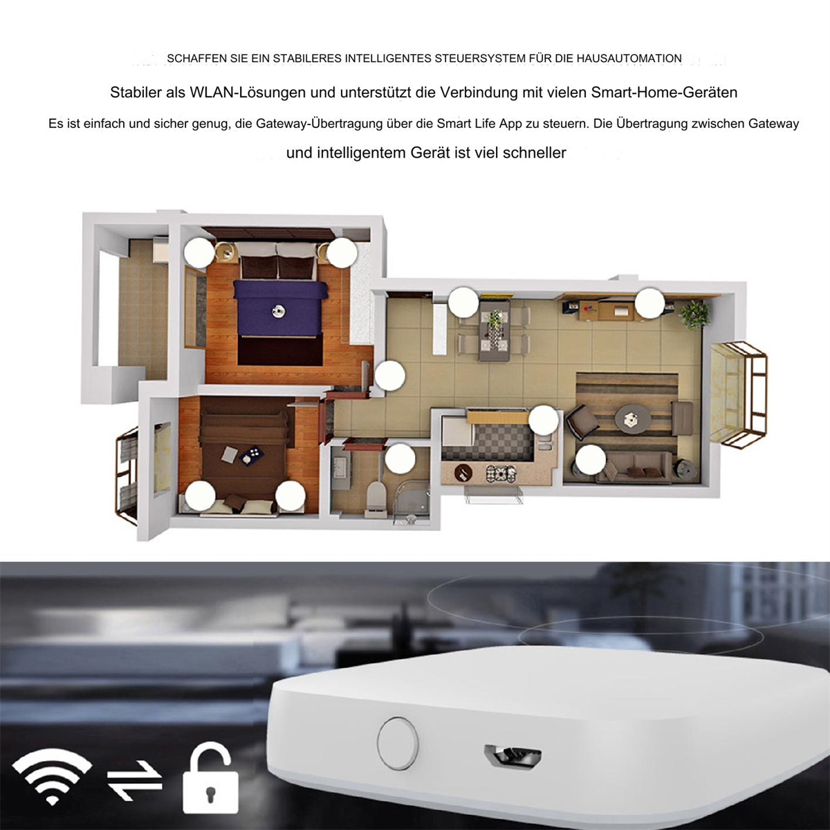 Ein Raumlayout mit Möbeln und einem Smart-Home-Gerät mit Draufsicht.