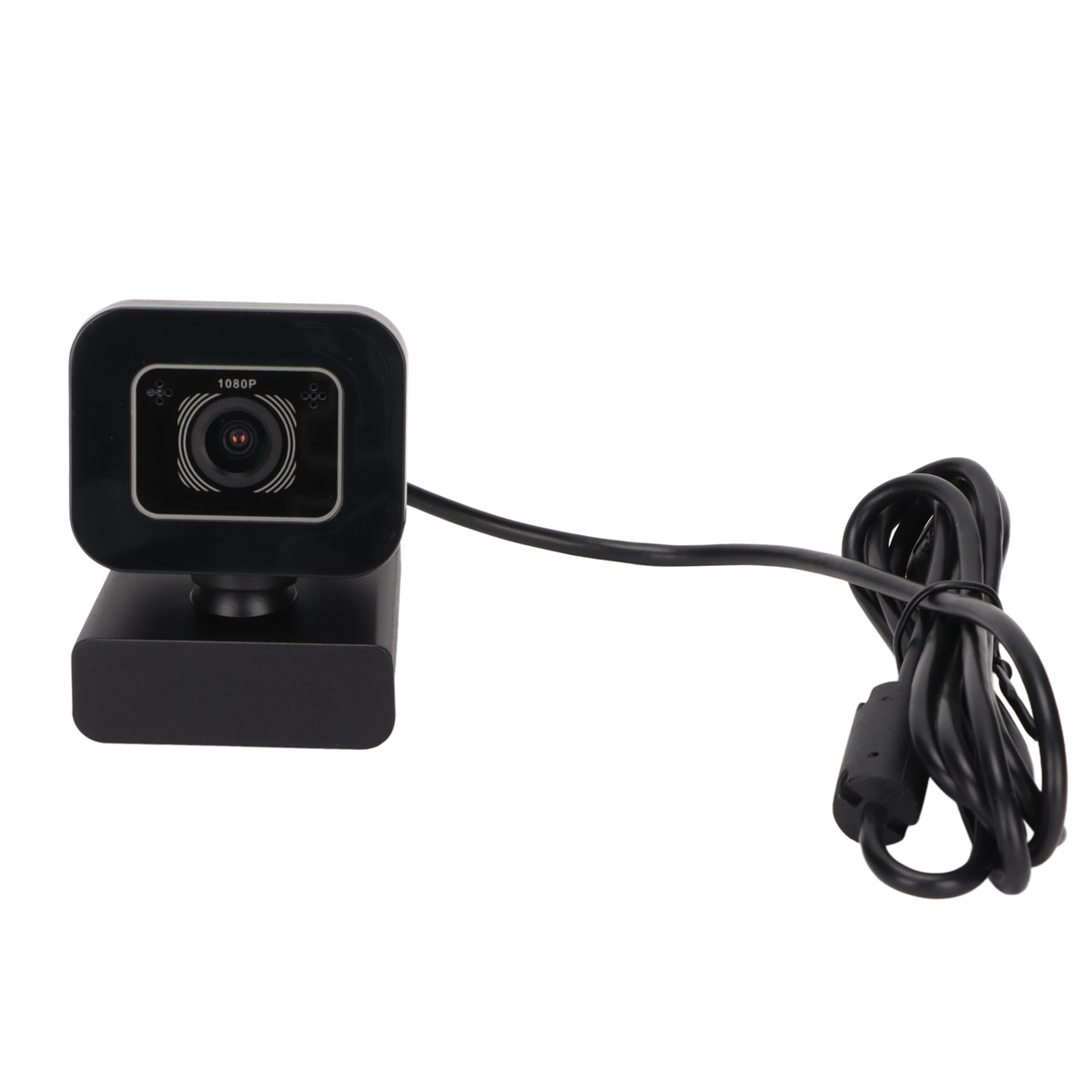 Schwarze Webcam mit Kabel. Sie steht auf einem schwarzen Ständer. Weißer Hintergrund.
