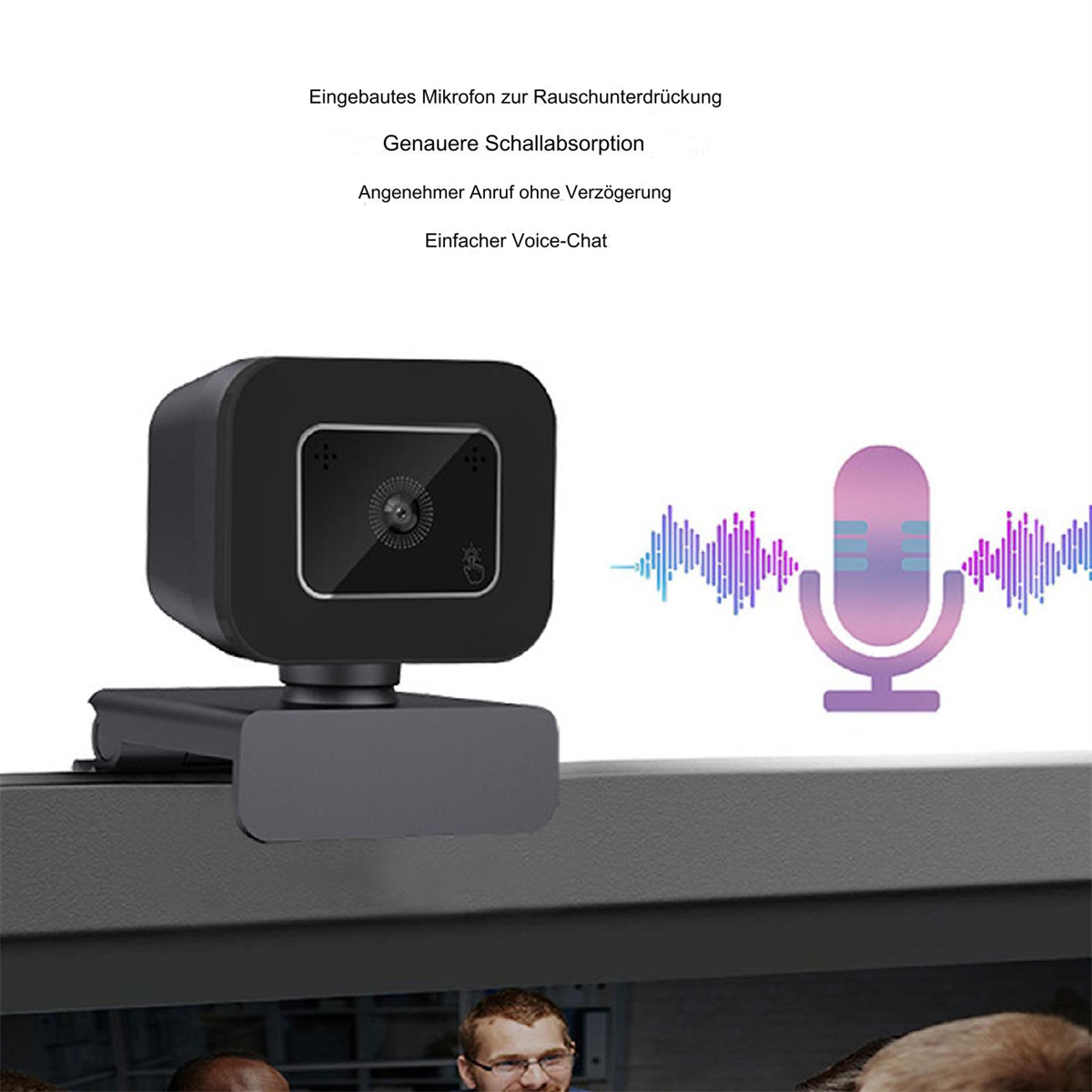 Schwarze Webcam mit Mikrofon-Symbol. Die Webcam ist auf einer dunklen Oberfläche montiert.
