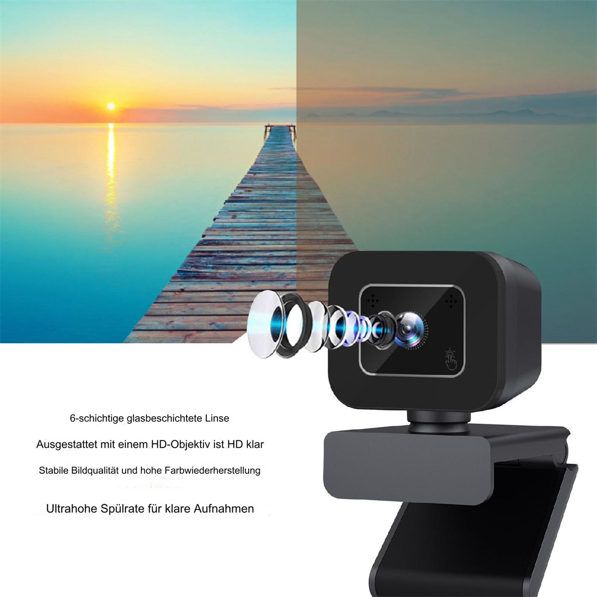 Webcam mit Linsenarray, vor Sonnenuntergang über Wasser. Deutscher Text beschreibt Kamerafunktionen.