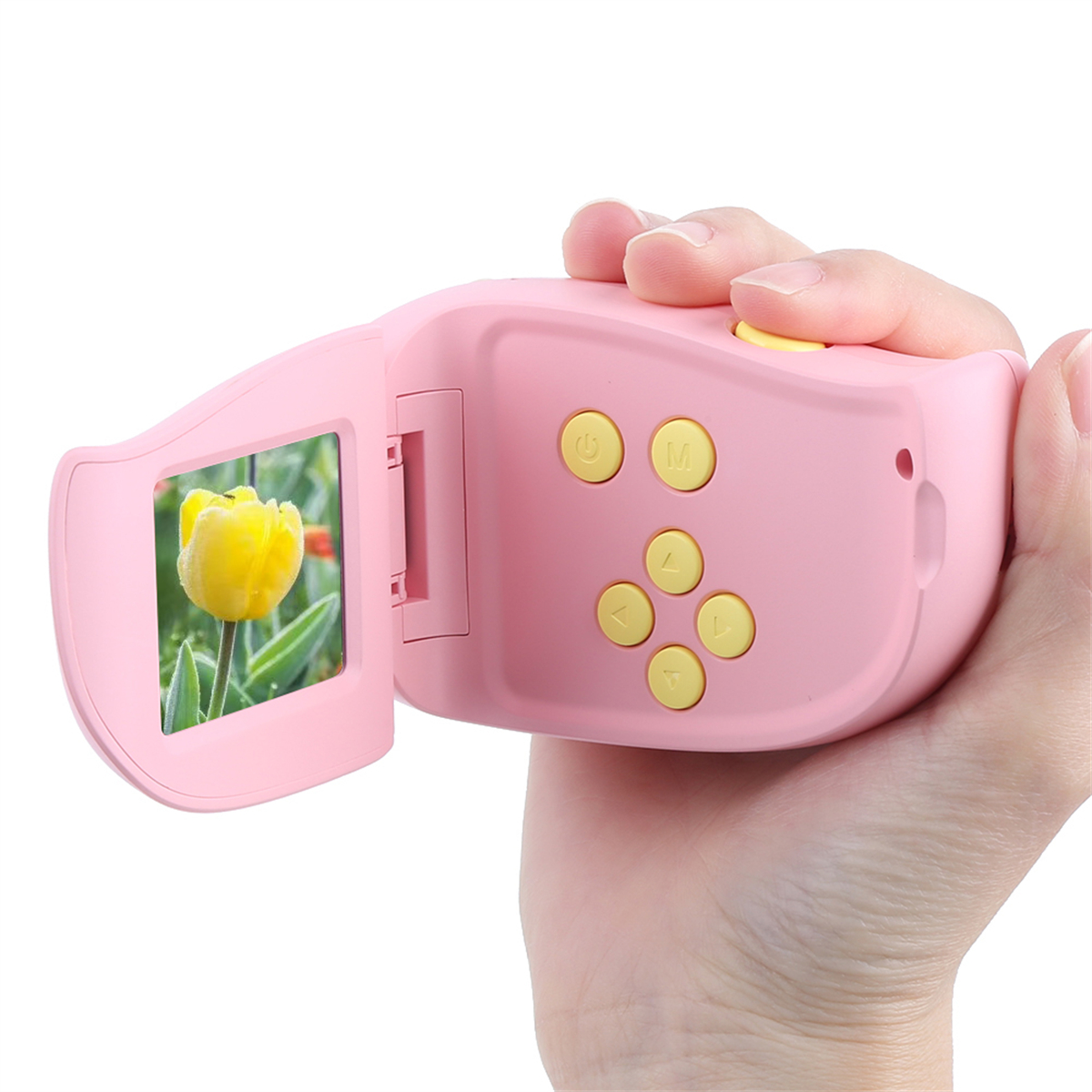 Rosa Videokamera mit einem Bildschirm, der eine gelbe Blume zeigt. Hand hält.