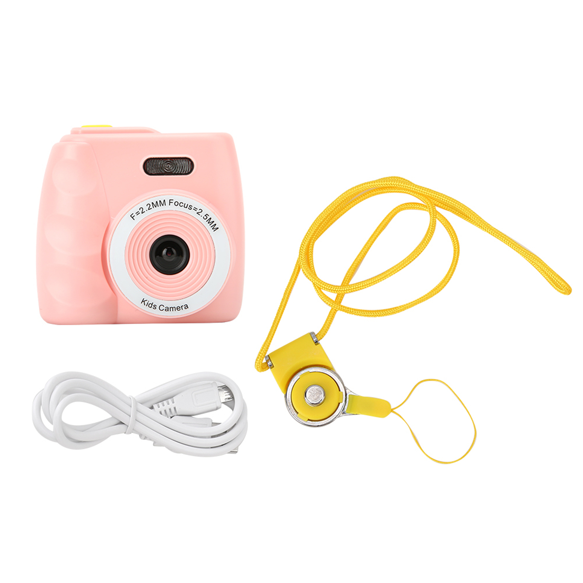 Rosa Kinderkamera, weißes Kabel und gelber Gurt. Isoliert auf weißem Hintergrund.
