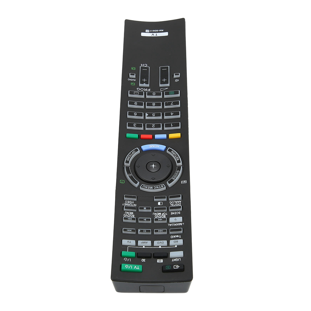 Eine schwarze Fernbedienung mit mehreren Tasten für einen Fernseher. Enthält Optionen wie Kanal, Lautstärke und Menü.