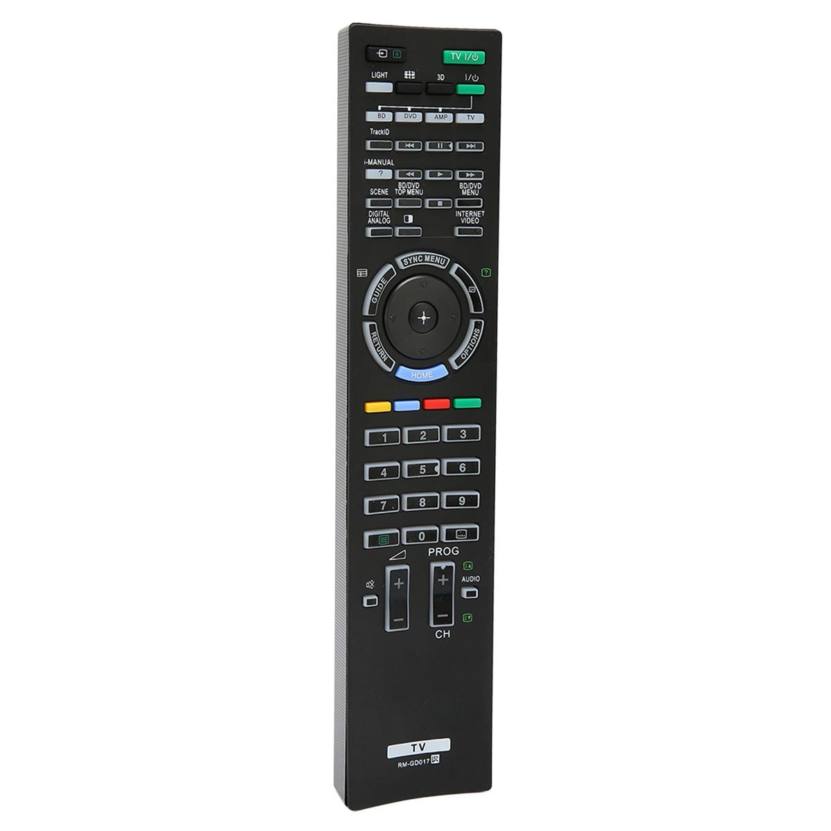 Eine schwarze TV-Fernbedienung mit vielen Tasten. Es enthält Tasten für Kanäle, Lautstärke und Menü.