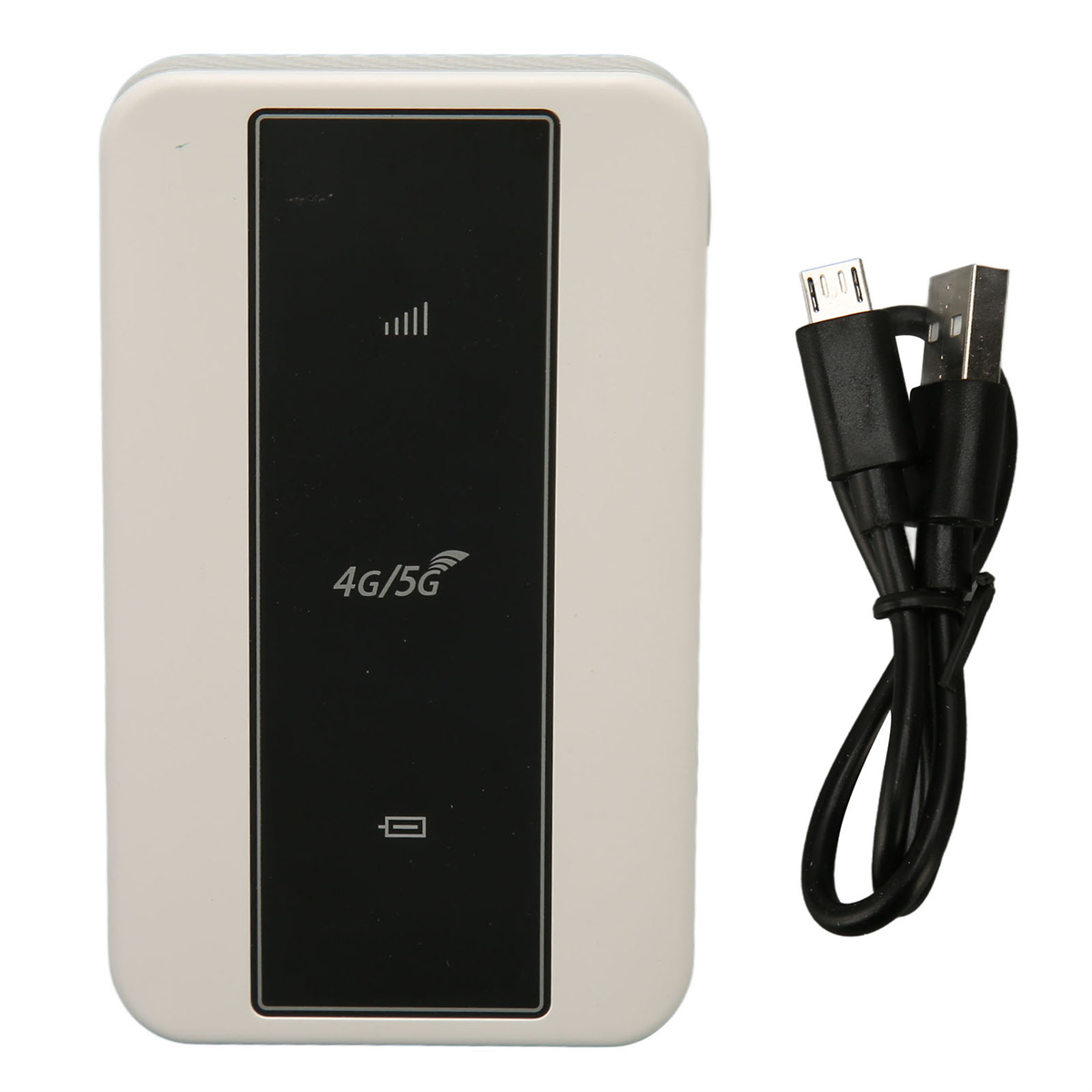 Weißer und schwarzer 4G/5G-Router mit einem schwarzen Ladekabel.