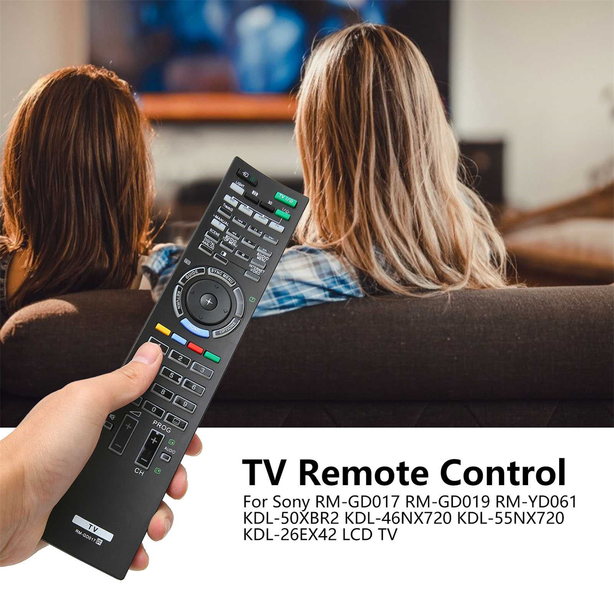 Eine Hand, die eine TV-Fernbedienung hält, mit zwei Frauen, die im Hintergrund auf einem Sofa fernsehen.
