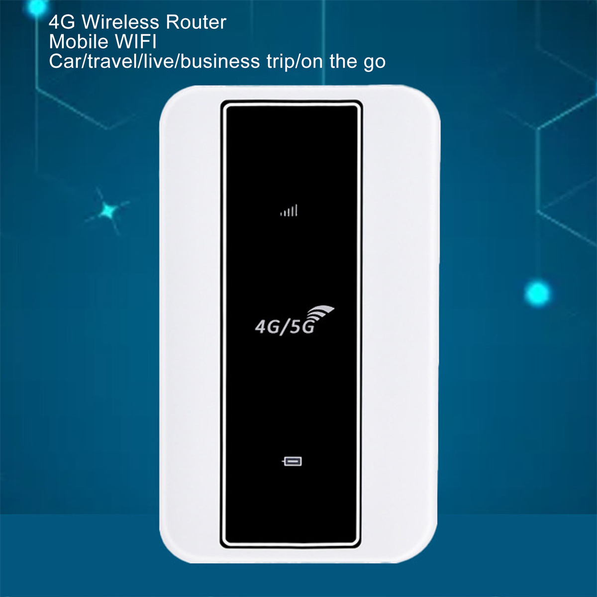 Weißer 4G/5G WLAN-Router mit schwarzem Bildschirm, auf blauem Hintergrund.