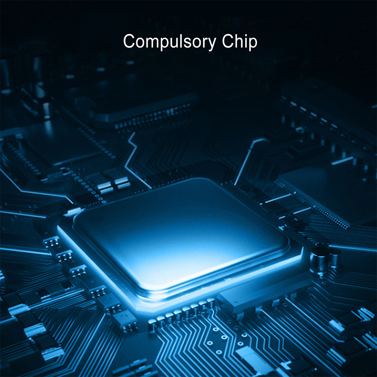 Eine Nahaufnahme eines Computerchips auf einer Leiterplatte. Der Chip ist quadratisch und das Bild ist blau getönt.