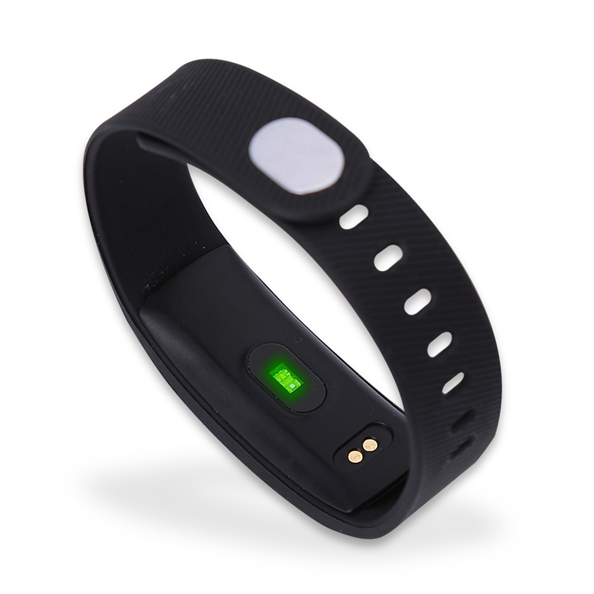 Ein schwarzes Fitness-Tracker-Armband mit einem Bildschirm, der ein grünes Licht und zwei goldene Kontakte zeigt.