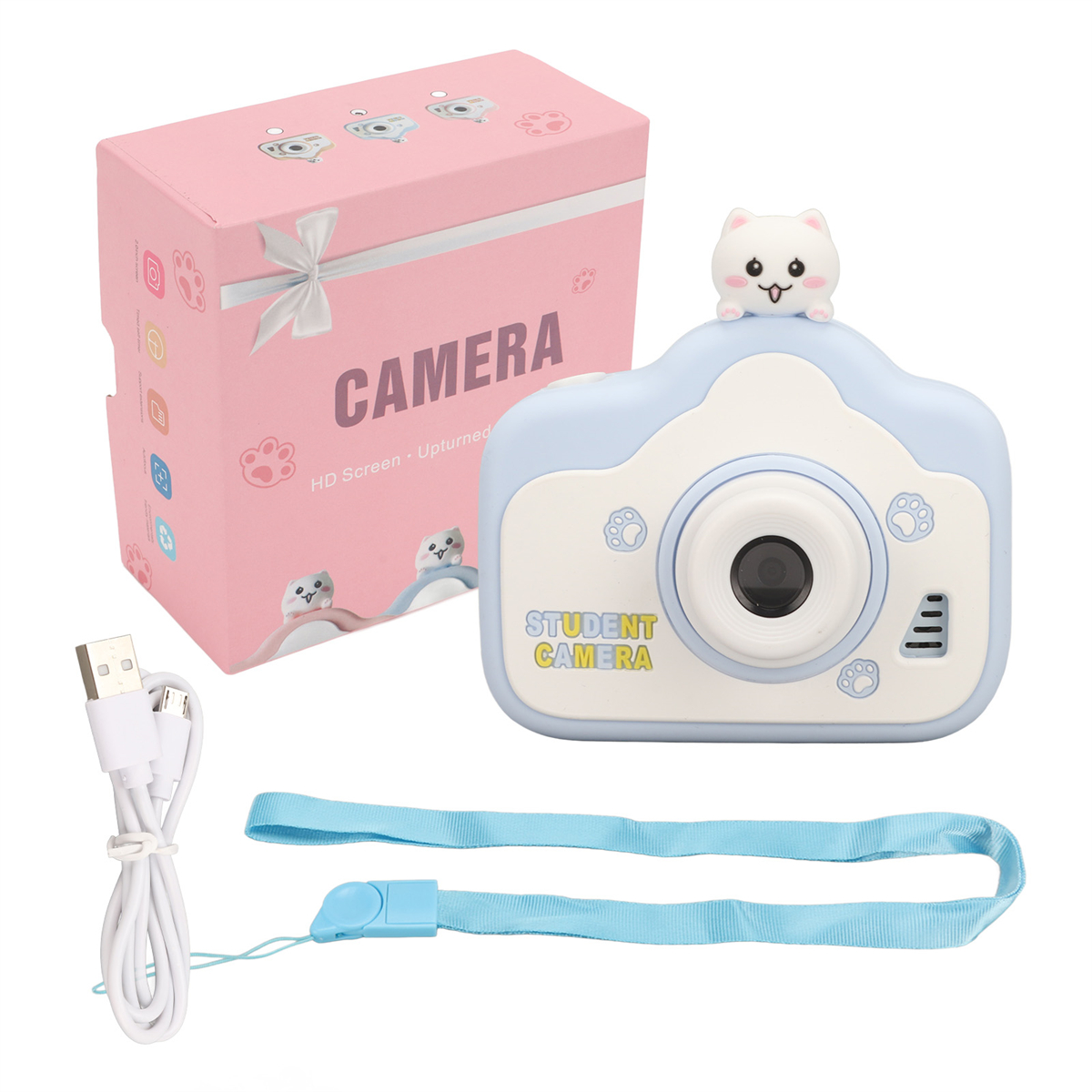 Eine blaue und weiße Studenten-Kamera, eine rosa Geschenkbox und ein USB-Kabel und eine Handschlaufe.