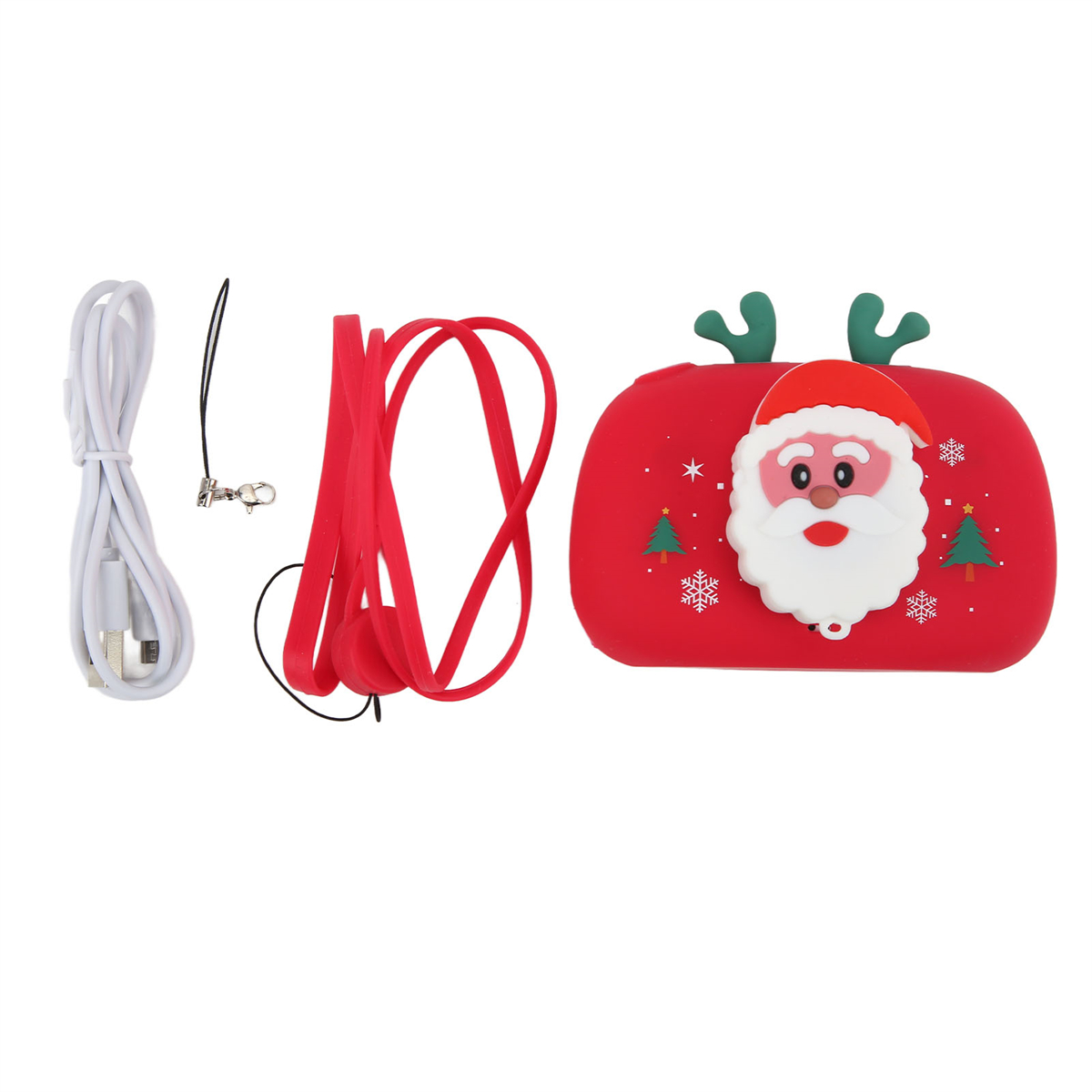 Weihnachtliche Powerbank mit Santa-Design, USB-Kabel und Lanyard.