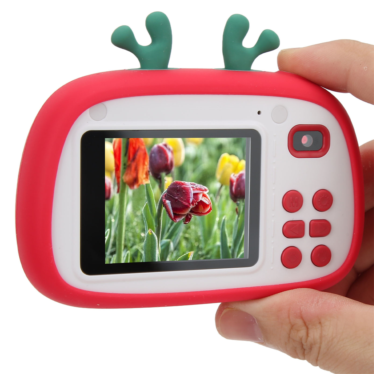 Rote Kamera-Spielzeug mit Geweih, Bildschirm zeigt Tulpen. Von Hand gehalten, weißer Hintergrund.