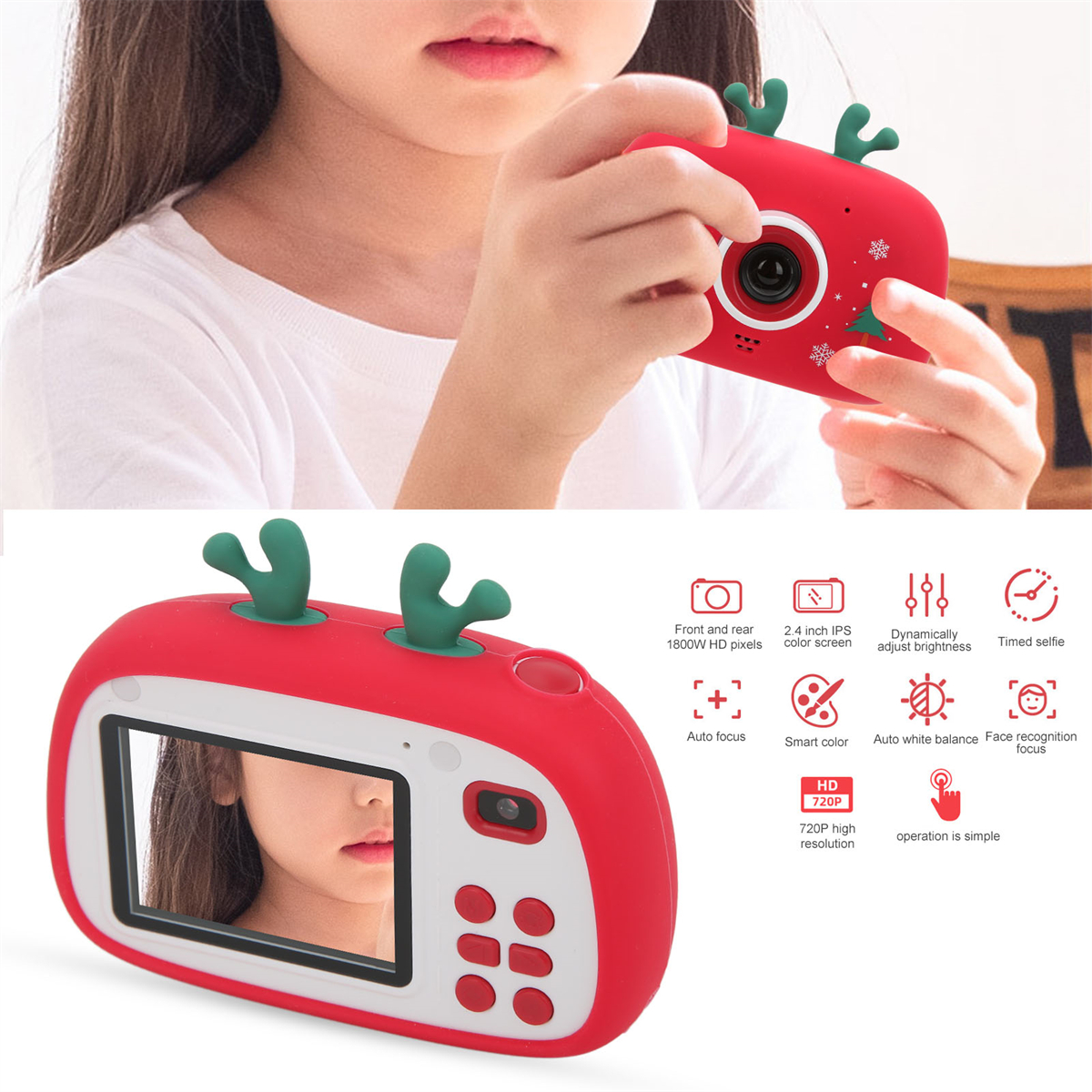 Eine rote Kamera in Form eines Hirsches wird von einer Person gehalten. Zu den Merkmalen gehören ein Bildschirm, Knöpfe und ein niedliches Design.