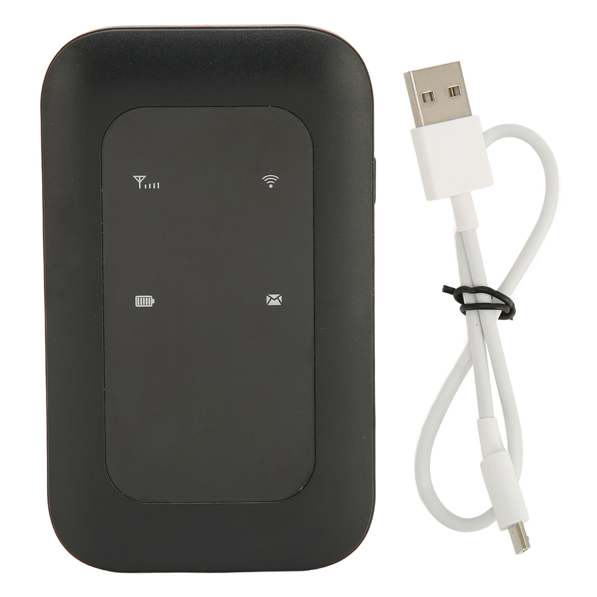 Schwarzer tragbarer WLAN-Router mit Antennen- und WLAN-Symbolen. Ein USB-Kabel ist angeschlossen.