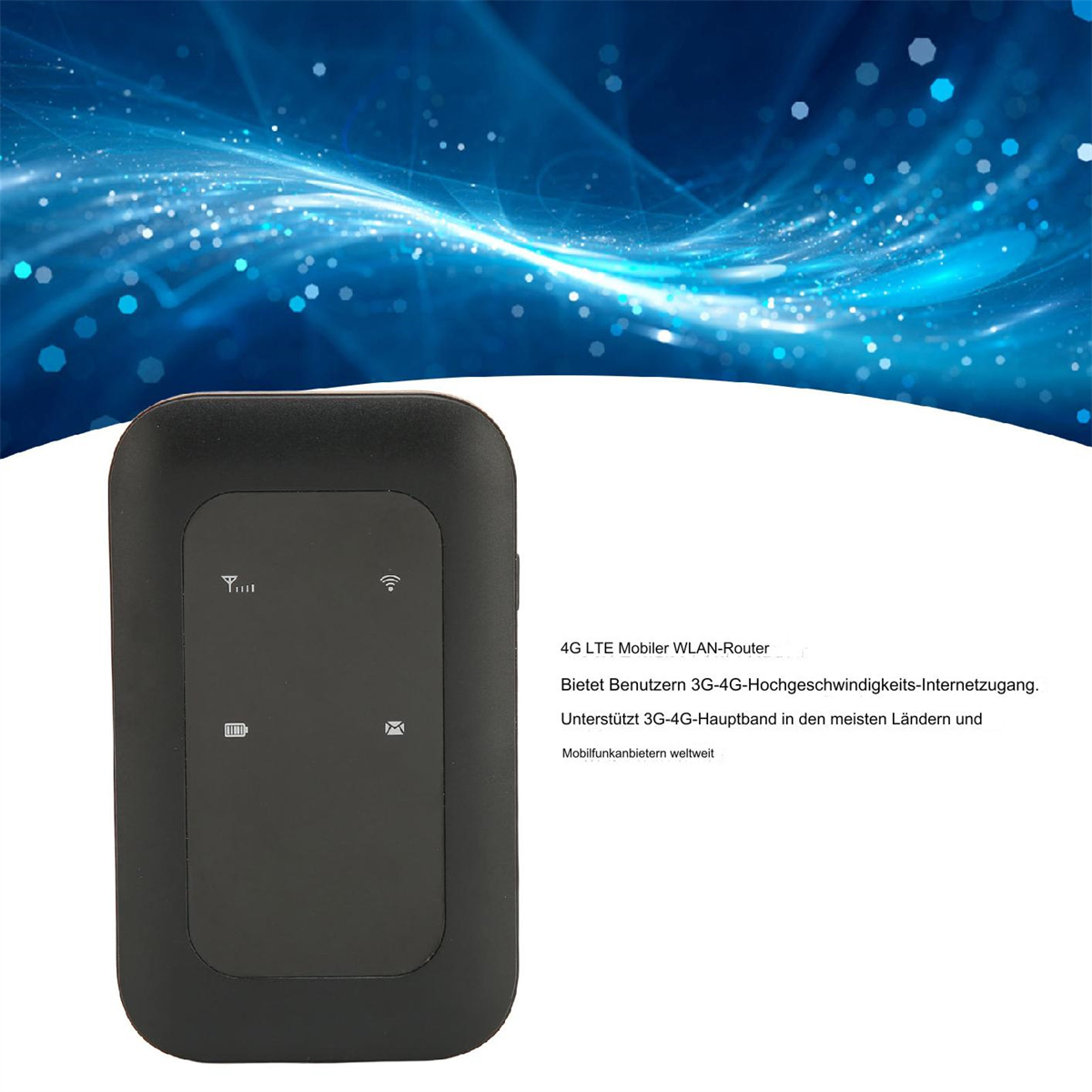 Schwarzer mobiler WLAN-Router mit deutschem Text, isoliert auf Weiß.