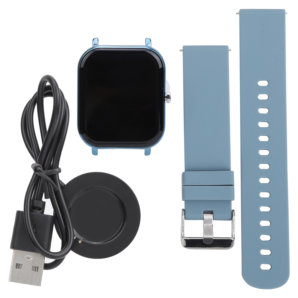 Eine Smartwatch, eine Ladestation und Zubehör, einschließlich eines USB-Kabels und Armbändern.