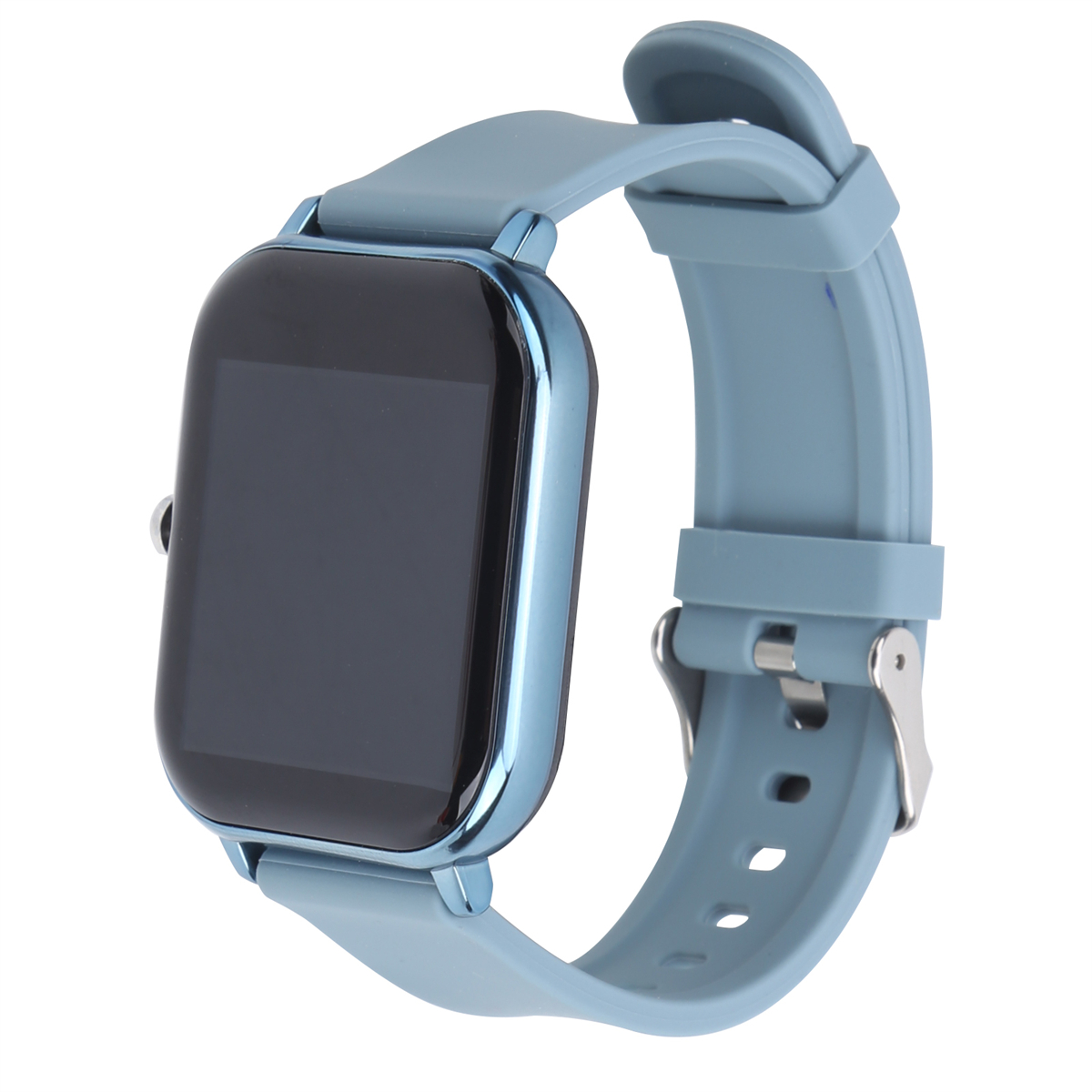 Eine blaue Smartwatch mit quadratischem Bildschirm und blauem Armband.