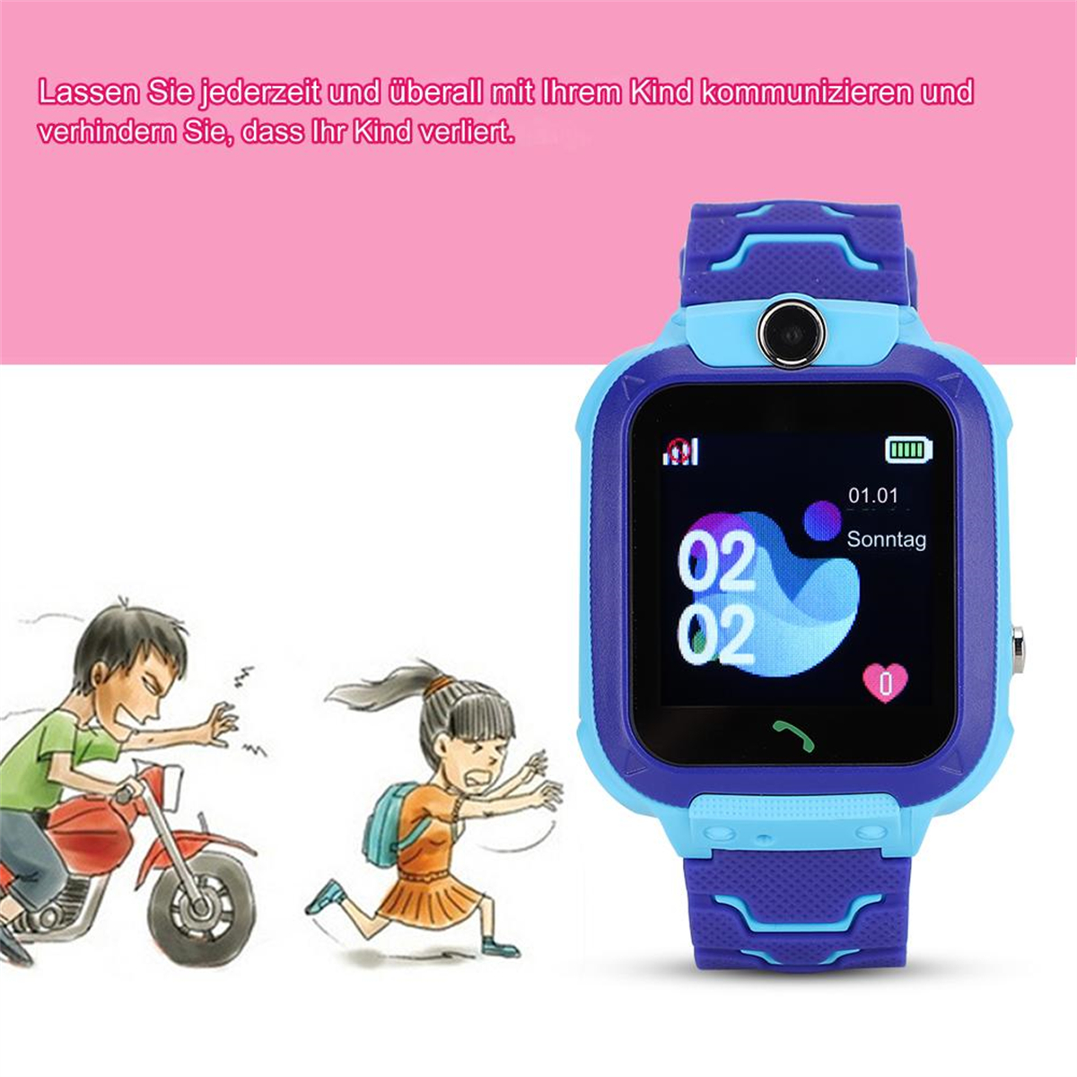 Eine Smartwatch mit farbigem Bildschirm. Ein Cartoon eines Kindes, das vor einem Motorrad wegläuft.