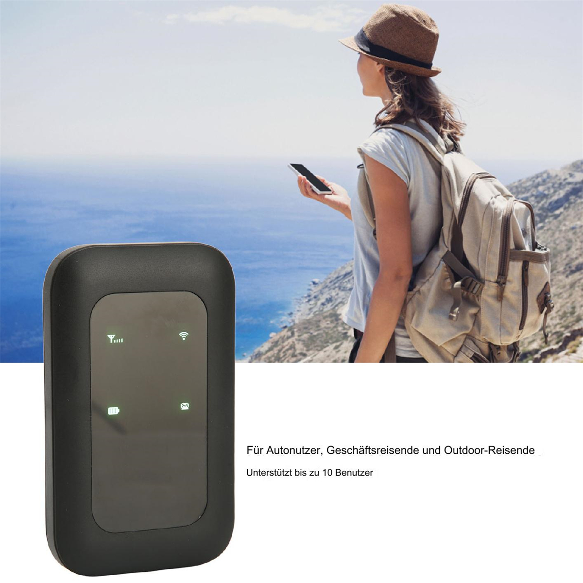 Ein schwarzer tragbarer WLAN-Router. Eine Frau blickt auf ihr Telefon, mit Rucksack und landschaftlichem Hintergrund.