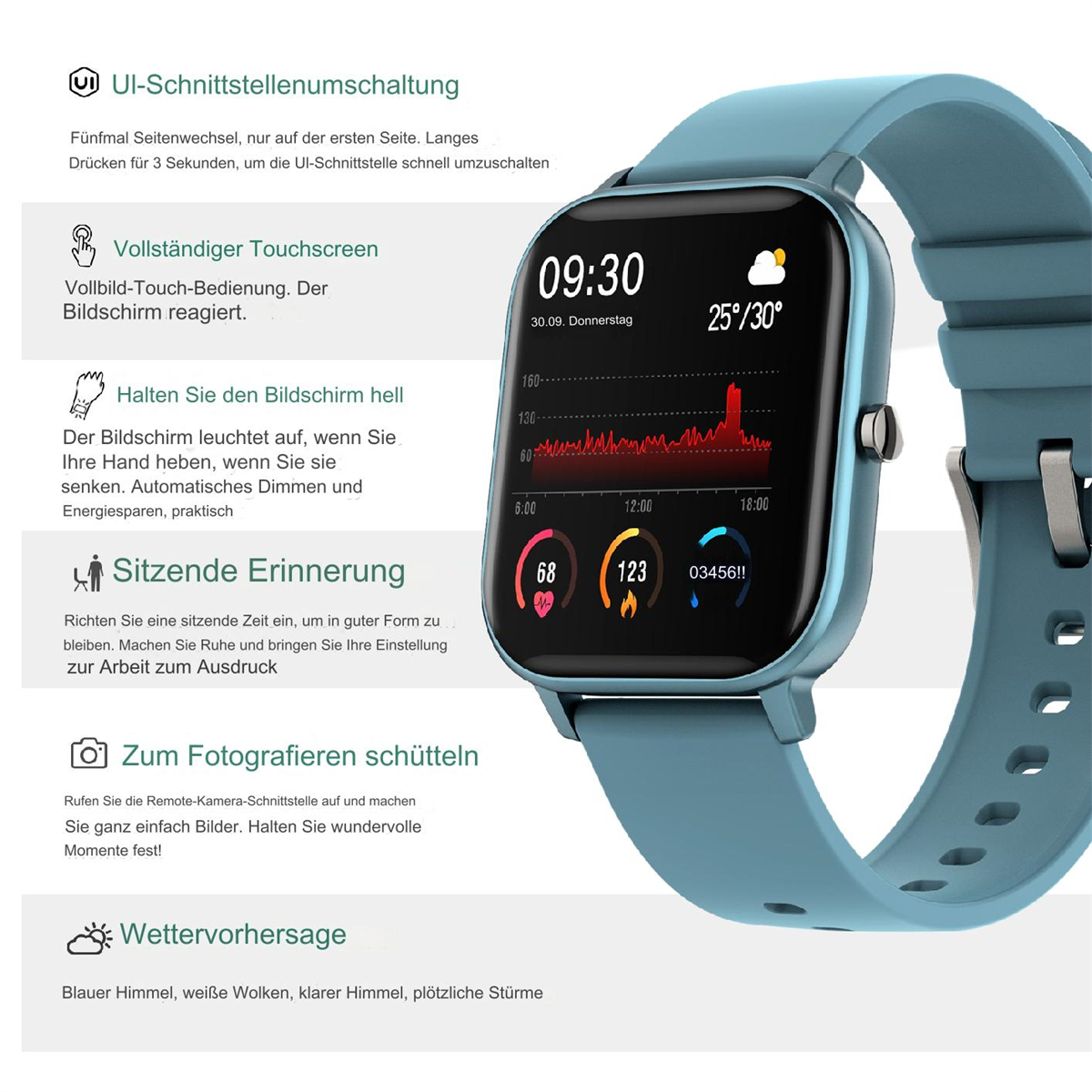 Blaue Smartwatch mit Bildschirm, der Zeit, Datum und Aktivitätsdaten anzeigt, auf weißer Oberfläche.