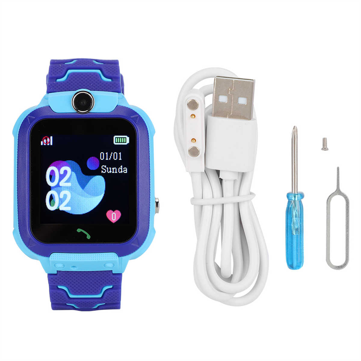 Eine blau-lila Smartwatch mit Touchscreen, die die Uhrzeit anzeigt, Ladekabel und Werkzeuge sind enthalten.