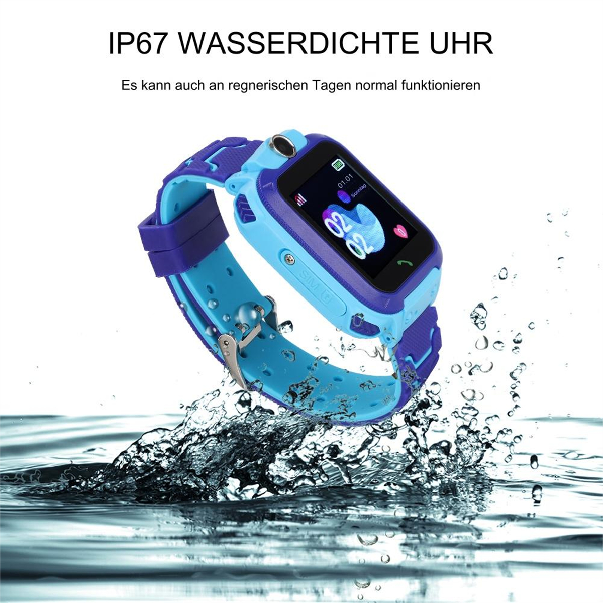 Eine blaue und lila Smartwatch mit digitaler Anzeige. Sie ist wasserdicht und hat einen Spritzeffekt.