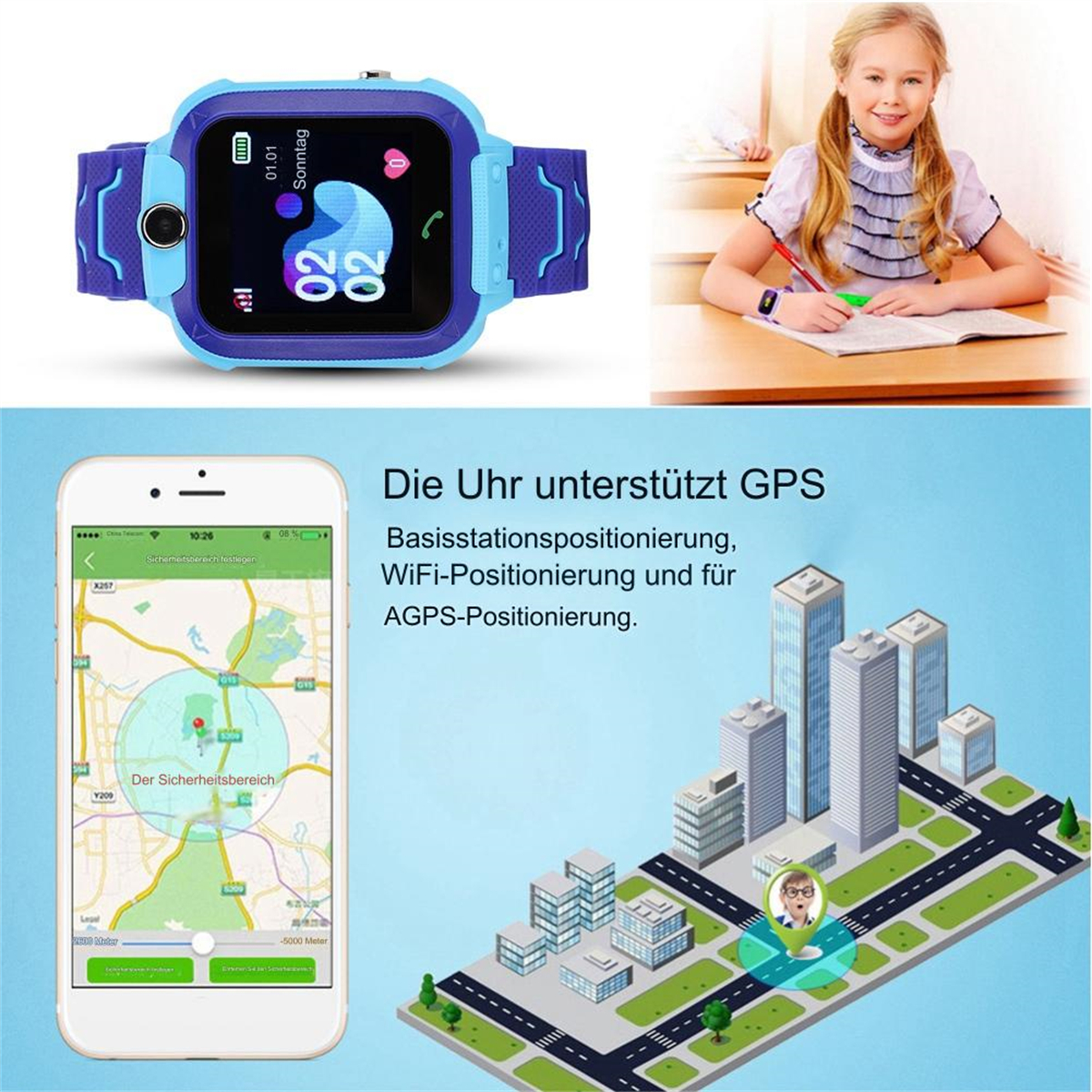 Eine Smartwatch und ein schreibendes Mädchen. Das Bild zeigt eine Smartwatch und GPS-Tracking auf einer Karte mit Gebäuden.