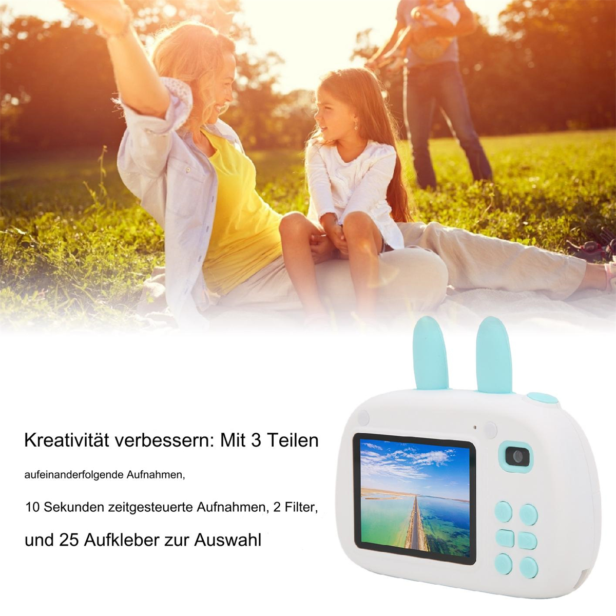 Ein Mädchen und eine Frau sitzen. Eine Kamera mit Hasenohren im Vordergrund. Text zu Funktionen.