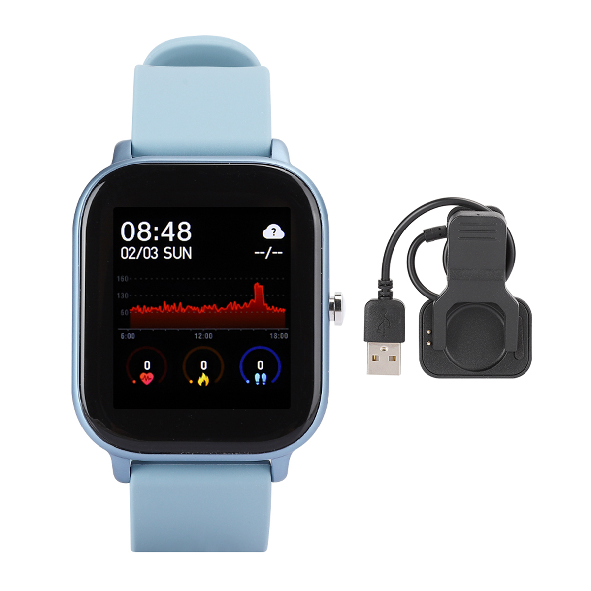 Blaue Smartwatch mit schwarzer Ladestation. Weißer Hintergrund.