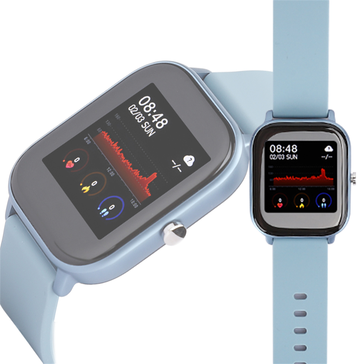 Zwei Smartwatches. Eine zeigt Daten: Zeit, Herzfrequenzdiagramm und andere Statistiken. Blaue Armbänder.