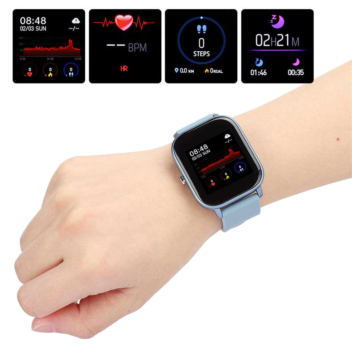 Eine Smartwatch am Handgelenk, die Zeit und andere Metriken anzeigt. Zusätzliche Daten werden über der Uhr angezeigt.