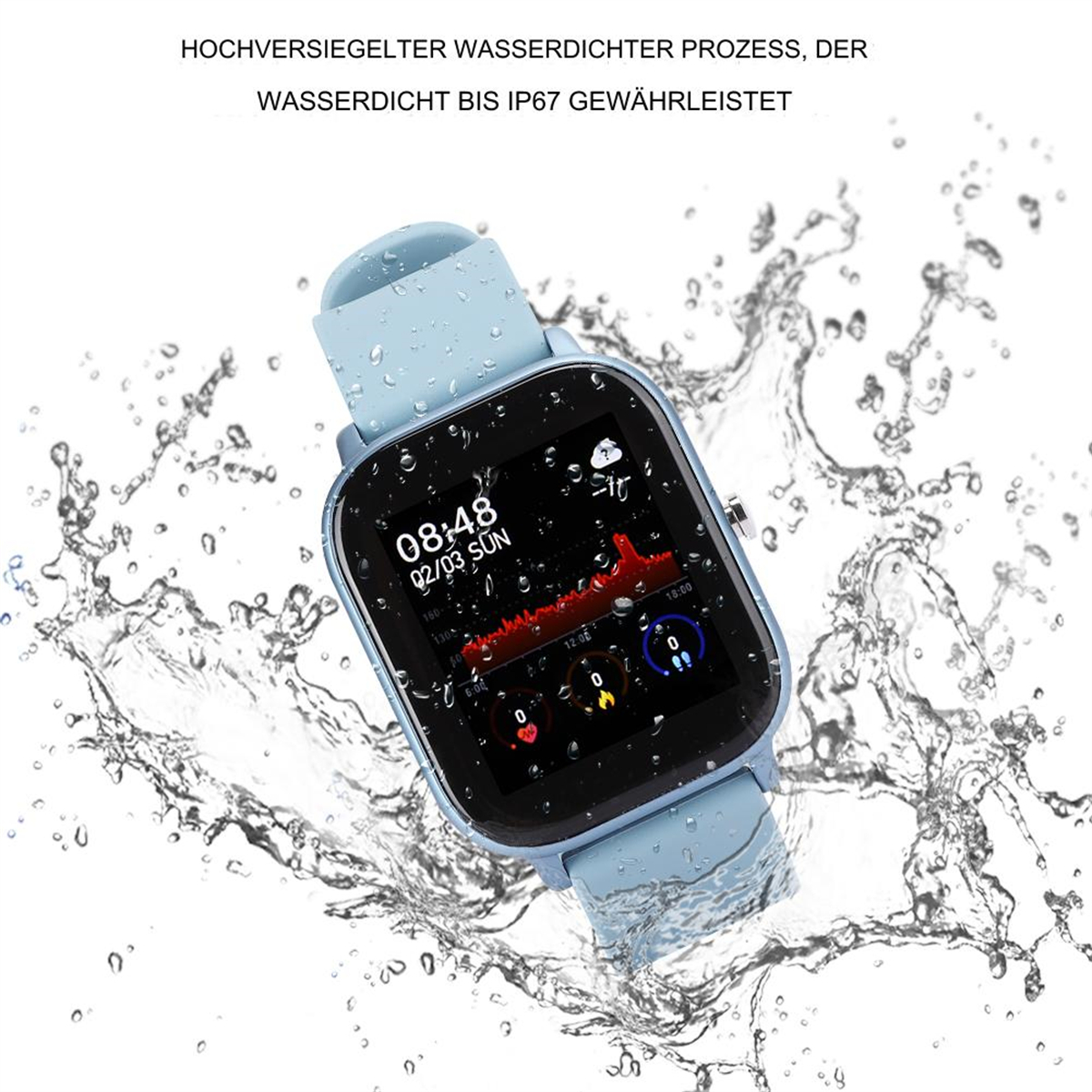 Blaue Smartwatch mit Anzeige von Zeit, Herzfrequenz und anderen Daten, Wasserspritzer.