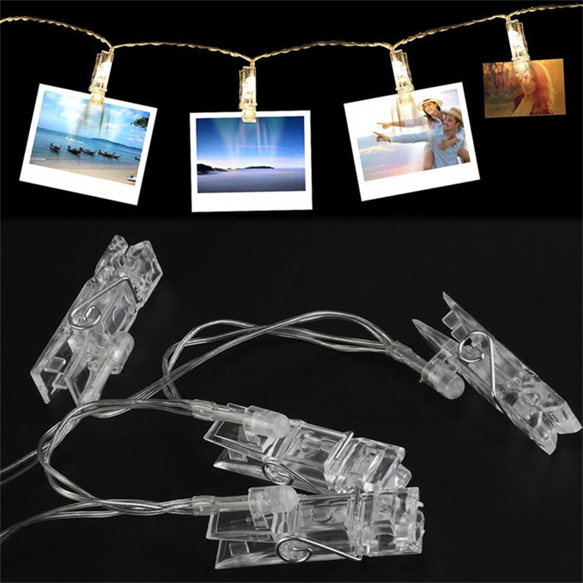 Lichterketten mit durchsichtigen Clips, die Fotos halten; schwarzer Hintergrund. Fotos zeigen Szenerie und Menschen.
