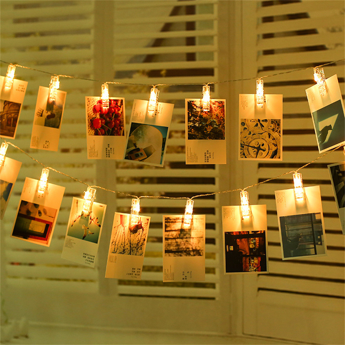 Lichterkette mit Fotos, die daran befestigt sind, vor einem Fenster hängend.