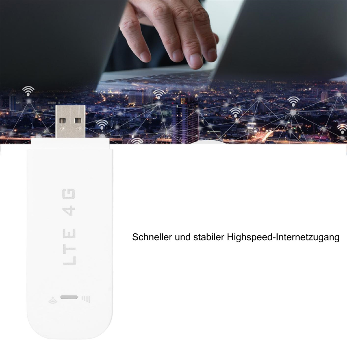 Weißes USB-LTE-4G-Modem mit Stadtkulisse.