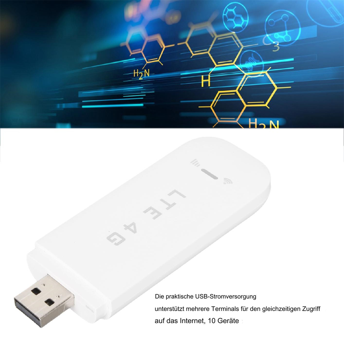Ein weißes LTE 4G USB-Modem. Der Hintergrund hat eine verschwommene wissenschaftliche Illustration.