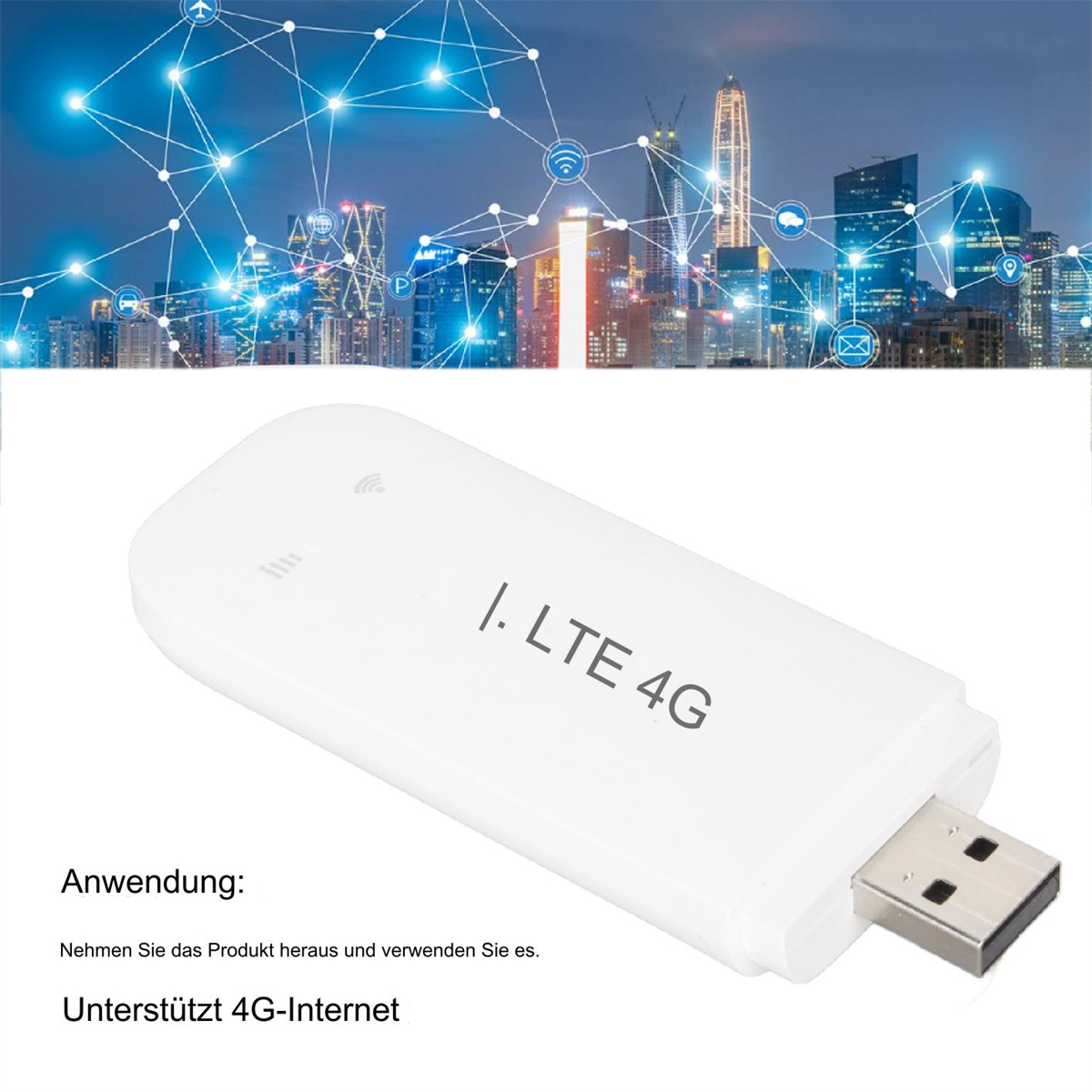 Weißes 4G LTE-Modem mit USB-Anschluss auf weißer Oberfläche.