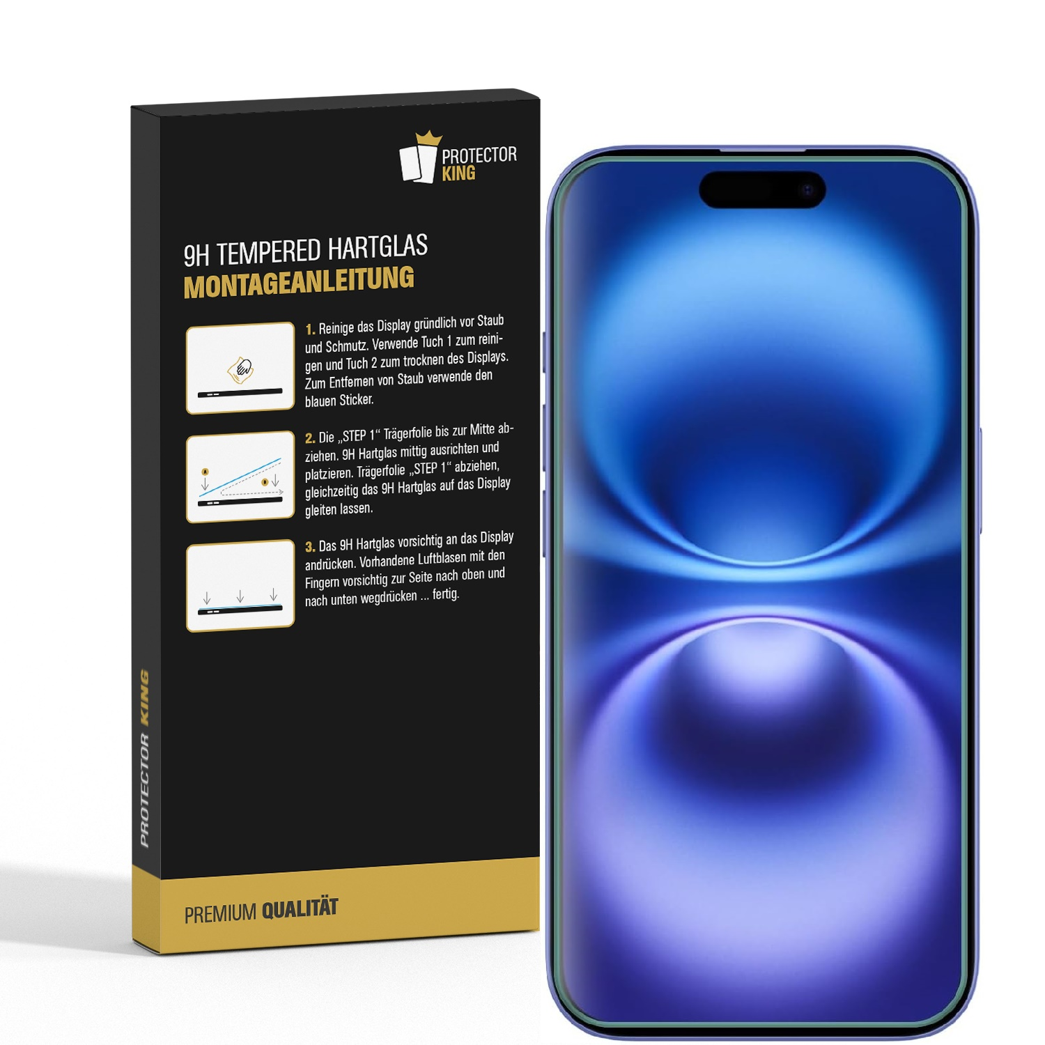 Box mit Displayschutzfolie aus gehärtetem Glas und Smartphone. Anweisungen und Telefon im Bild.