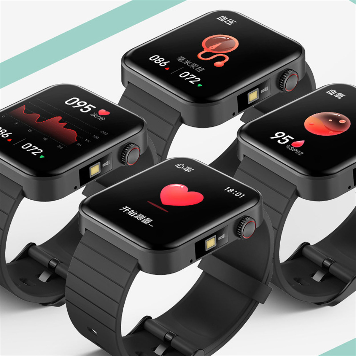 Vier schwarze Smartwatches zeigen Gesundheitsmetriken: Herzfrequenz, Blutdruck, SpO2.