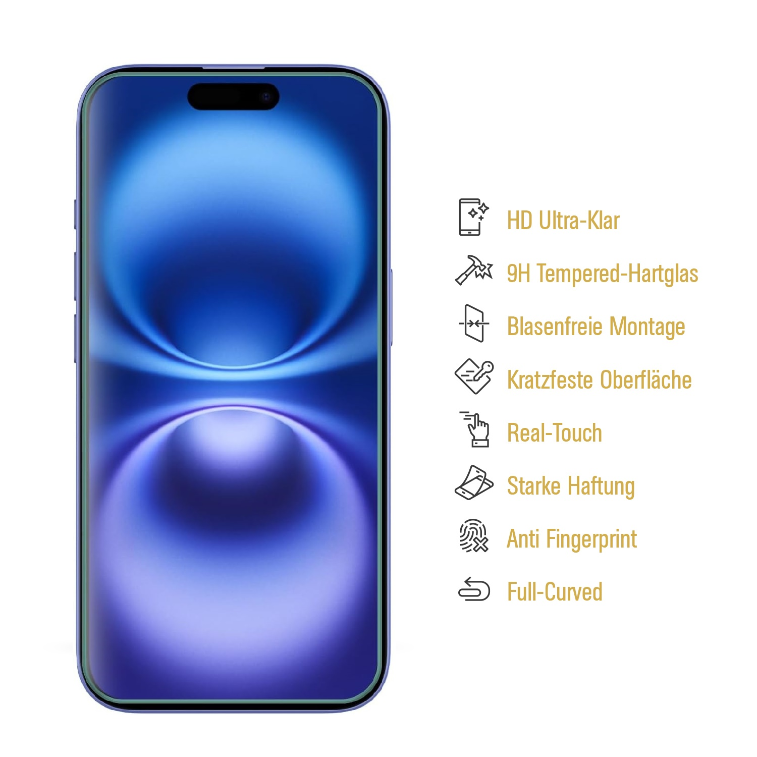 Blauer Telefonbildschirm mit aufgeführten Funktionen, einschließlich HD, Kratzfestigkeit und Vollkurve.
